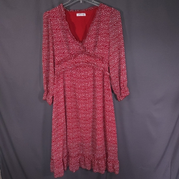 Mopogoss Chiffon Ruffle Dress Size Large Red and White Leopard Print Long Sleeve - Picture 1 of 13